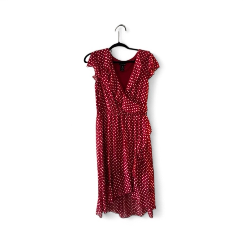 Elegant Red White Polka Dot Midi Dress - size 10